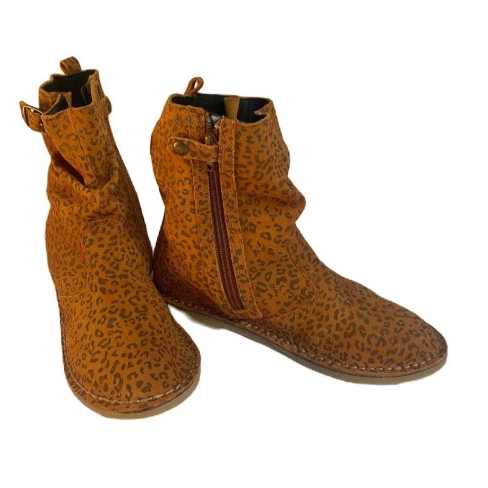 Naturino Italian Big Kids LEOPARD Leather Boots Ankle Garnet Slouch SZ 34 /2.5-3